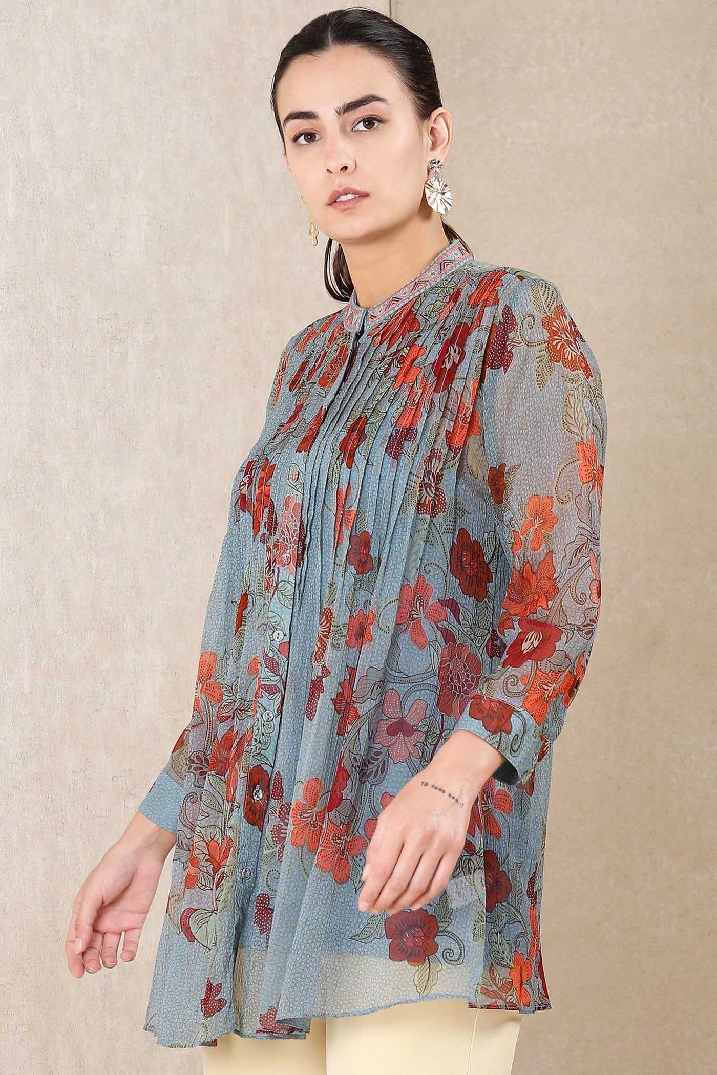 Ritu Kumar Dusty Blue Floral Print Kurti western indian designer wear online shopping melange singapore