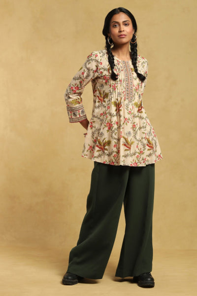 Ritu Kumar Ecru Botanic Print Pintuck Kurti Indian designer wear online shopping melange singapore
