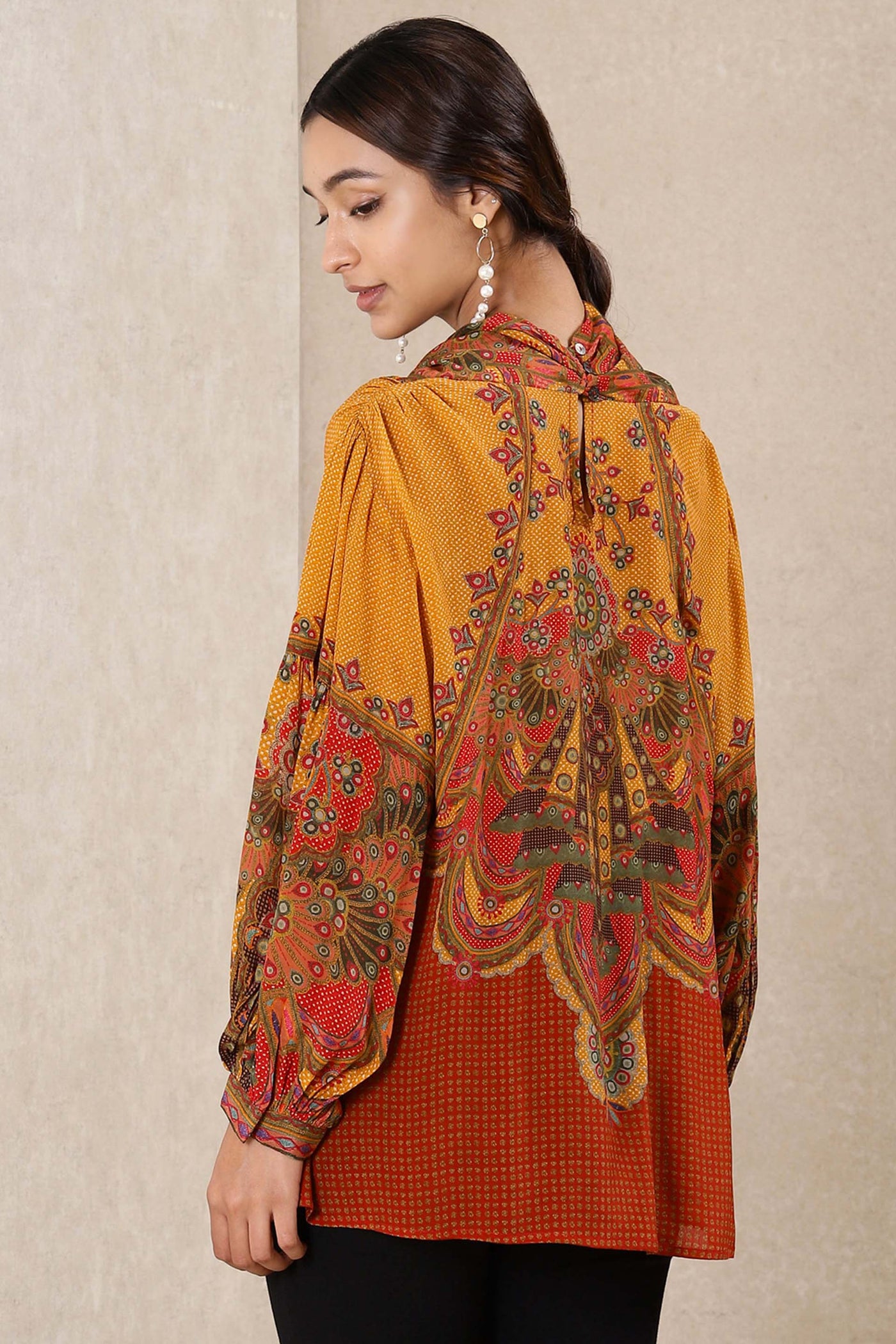 Ritu Kumar Full sleeves cowl neck top mustard western indian designer wear online shopping melange singapore