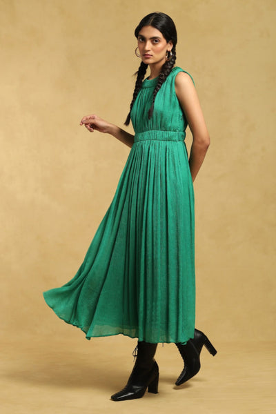 Ritu Kumar Green Crinkled Long Dress With Cinched Waist Indian designer wear online shopping melange singapore