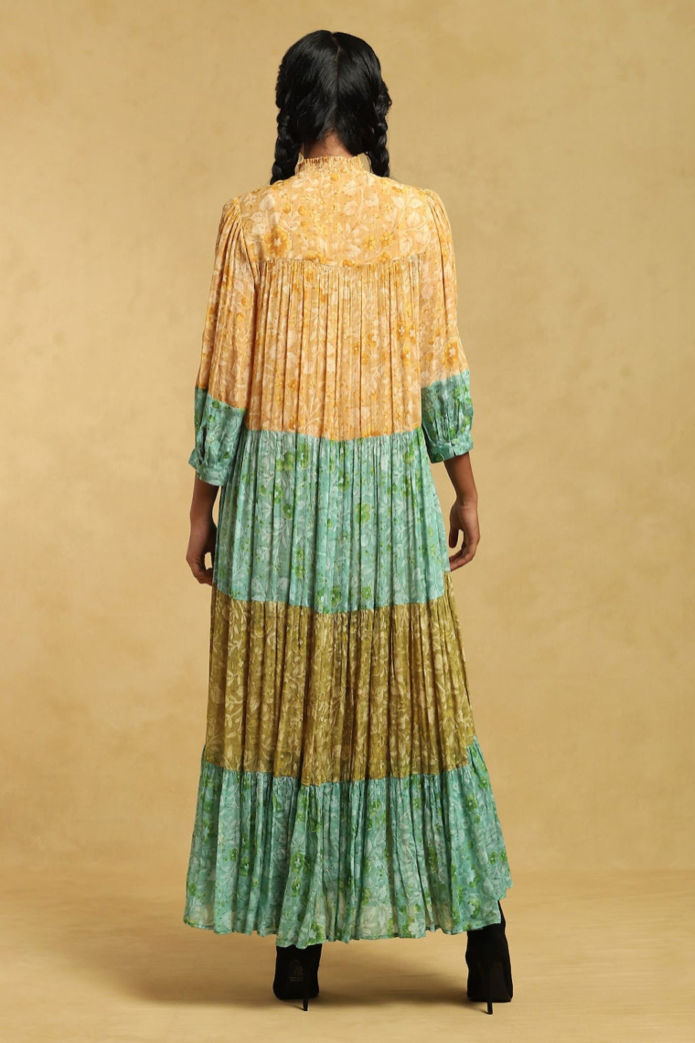 Ritu Kumar Green Floral Print Tiered Long Dress Indian designer wear online shopping melange singapore