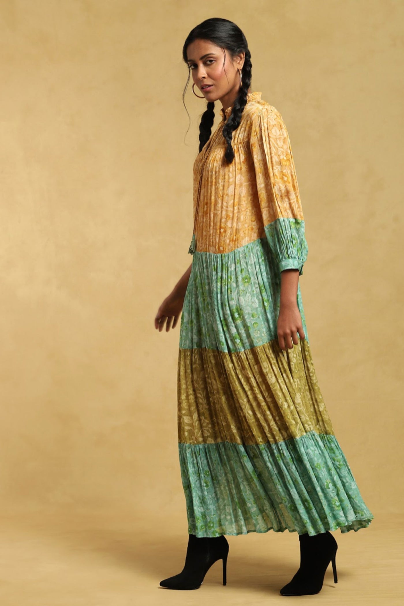 Ritu Kumar Green Floral Print Tiered Long Dress Indian designer wear online shopping melange singapore