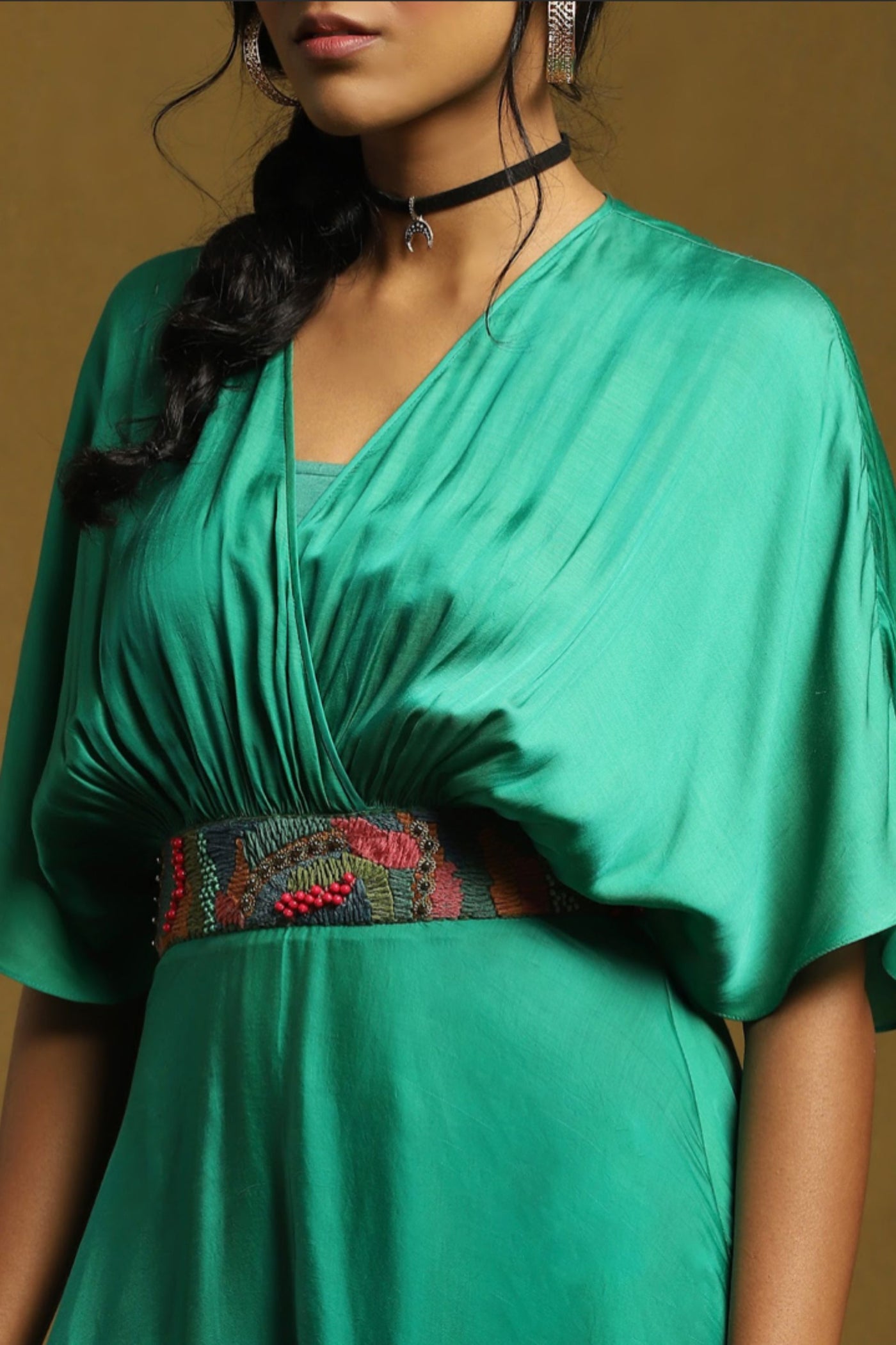Ritu Kumar Green Kaftan Long Dress With Embroidered Belt Indian designer wear online shopping melange singapore