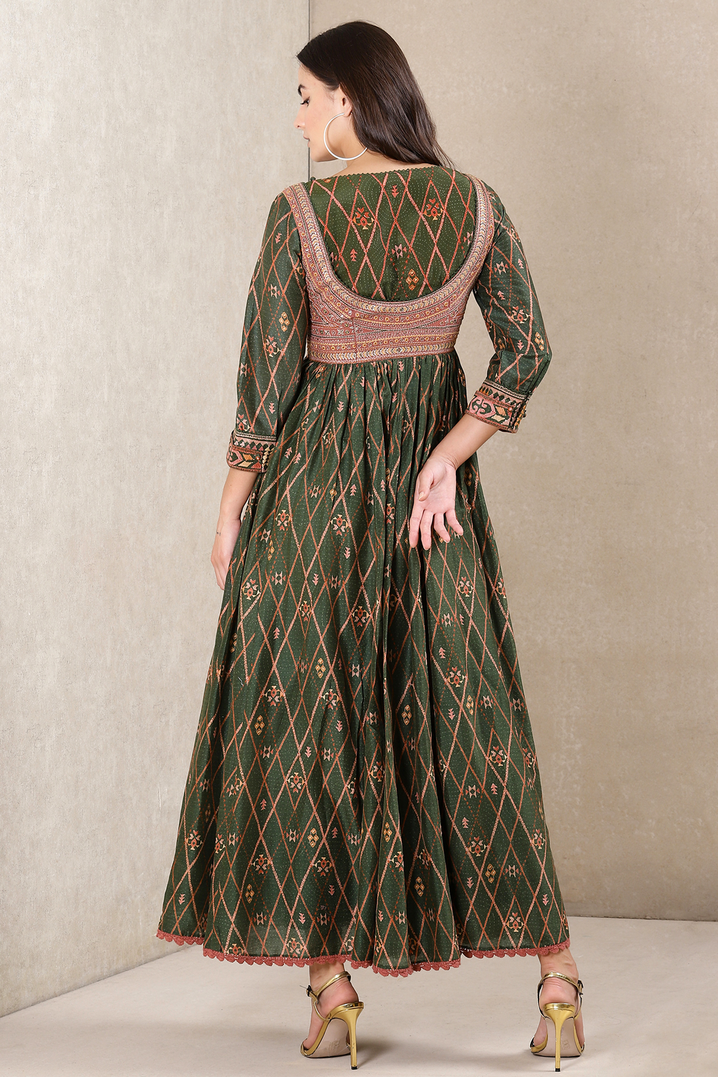 Ritu Kumar Green Printed Anarkali Kurta With Dupatta festive indian designer wear online shopping melange singapore