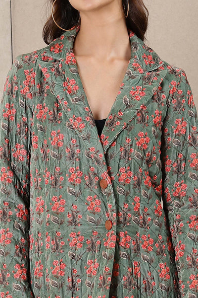 Ritu Kumar Green Printed Velvet Jacket western indian designer wear online shopping melange singapore