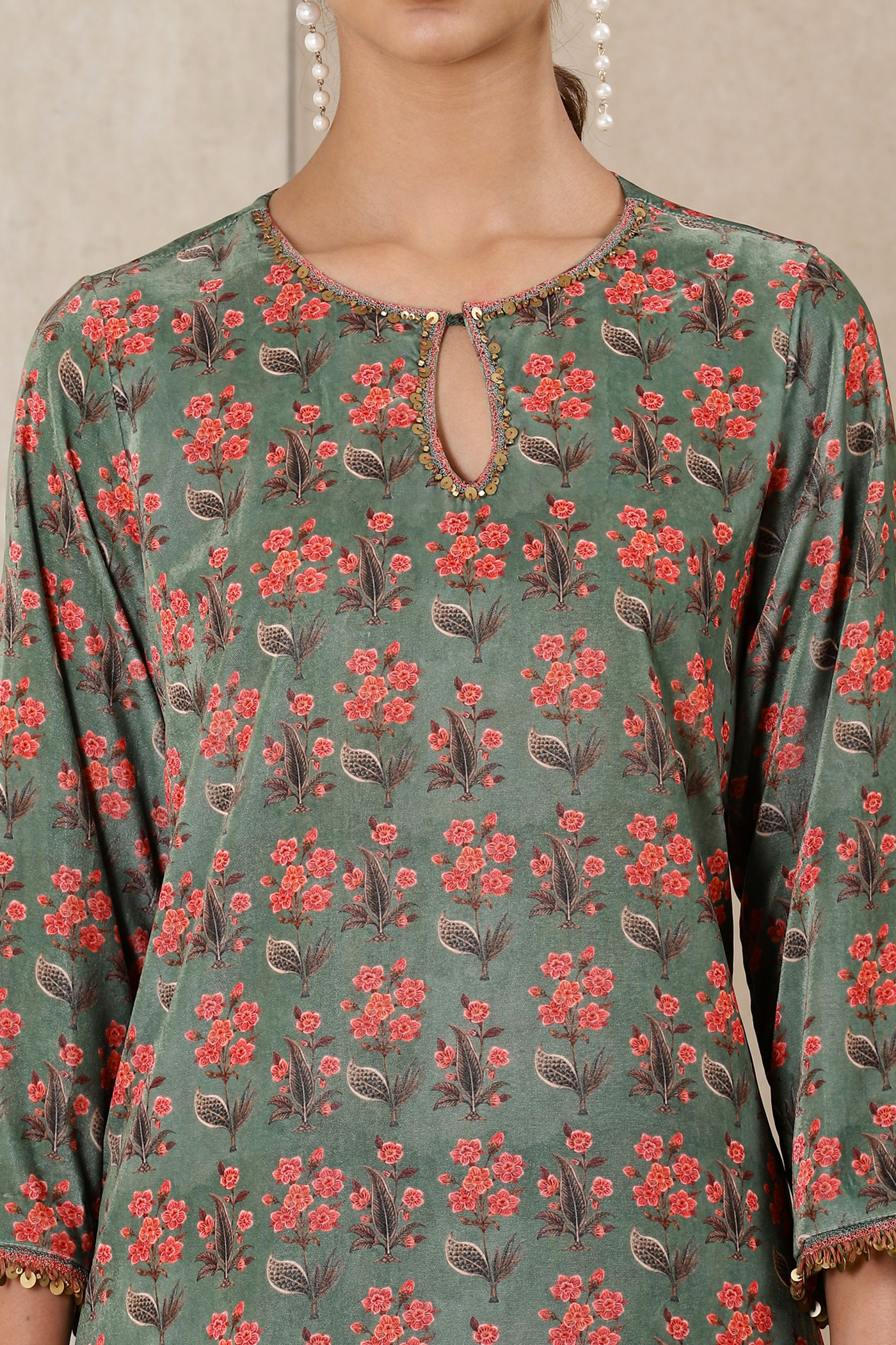 Ritu Kumar Green Printed Velvet Kurta With Sharara And Dupatta festive indian designer wear online shopping melange singapore
