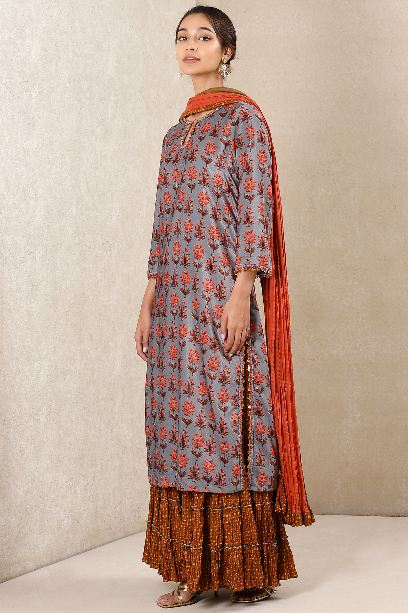 Ritu Kumar Grey Printed Velvet Kurta With Sharara And Dupatta festive indian designer wear online shopping melange singapore