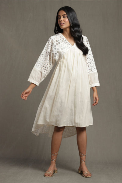  Ritu Kumar Ivory Gathered Schiffli Short Dress Indian designer wear online shopping melange singapore