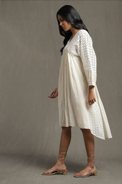 Ritu Kumar Ivory Gathered Schiffli Short Dress Indian designer wear online shopping melange singapore