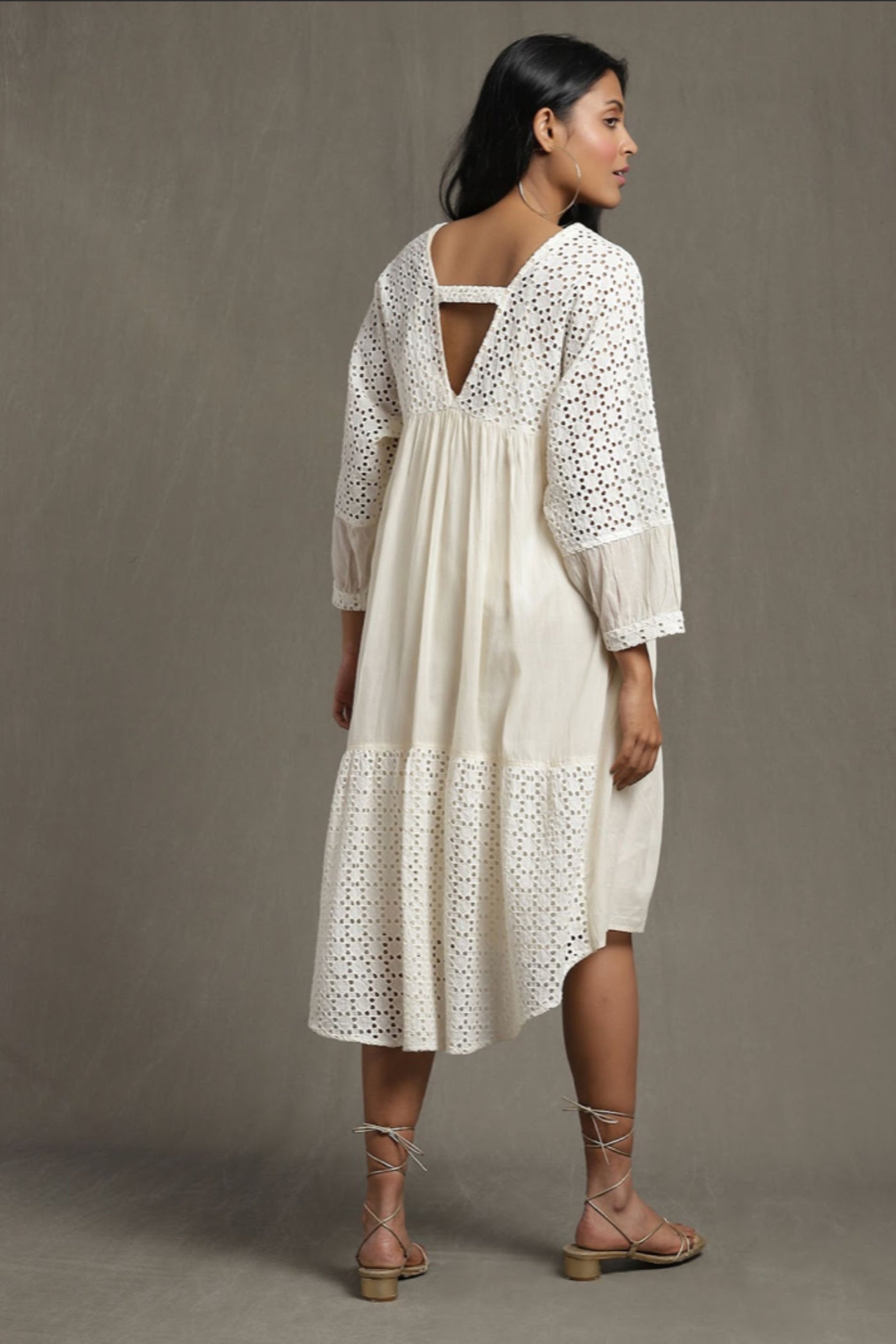 Ritu Kumar Ivory Gathered Schiffli Short Dress Indian designer wear online shopping melange singapore