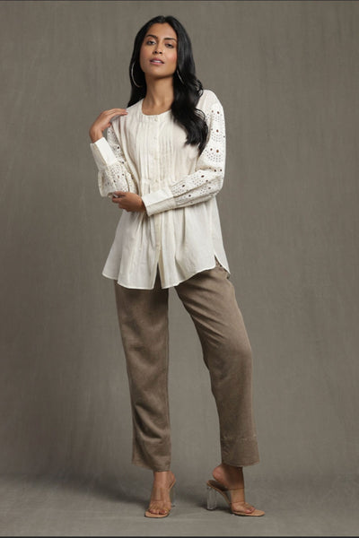 Ritu Kumar Ivory Schiffli Kurti With Pintuck Detaill Indian designer wear online shopping melange singapore