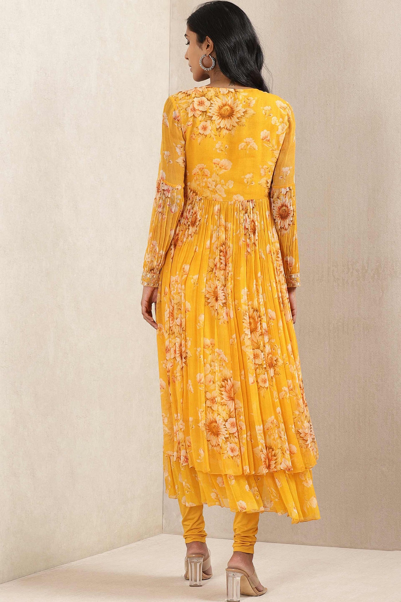 ritu kumar Yellow floral print kurta with leggings and dupatta festive indian designer wear online shopping melange singapore