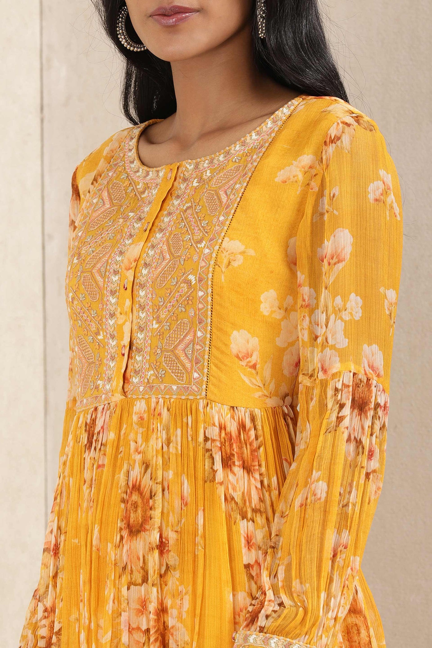 ritu kumar Yellow floral print kurta with leggings and dupatta festive indian designer wear online shopping melange singapore
