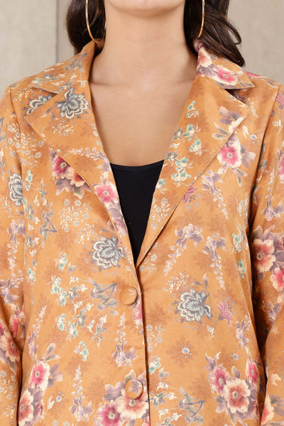 Ritu Kumar Lapel Collar Full Sleeve Long Printed Suede Jacket mustard western indian designer wear online shopping melange singapore