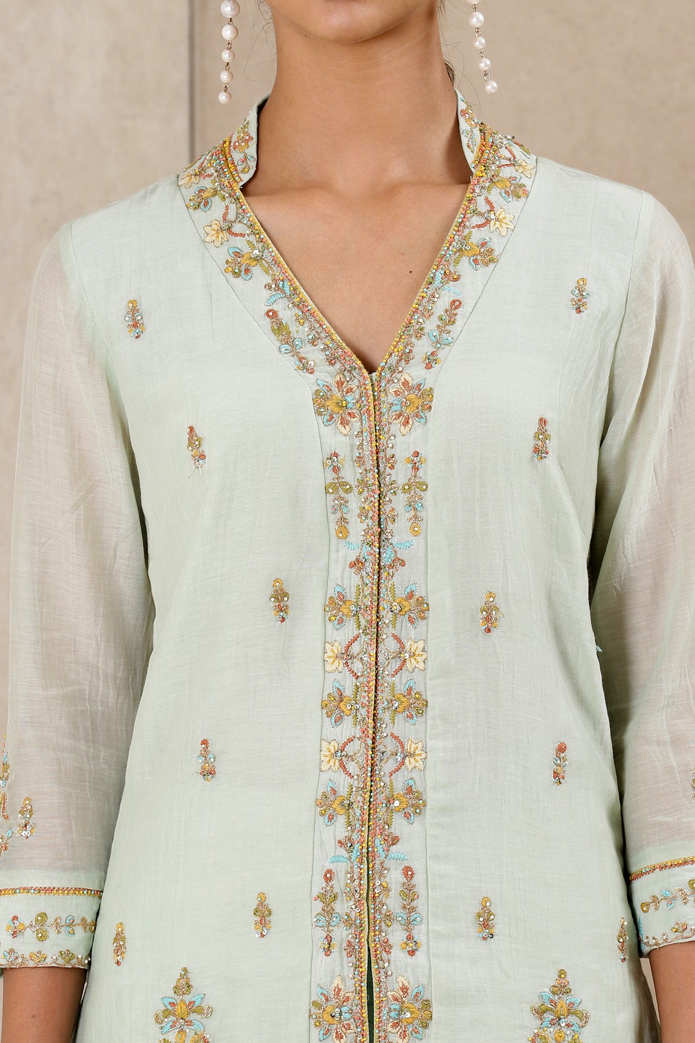 Ritu Kumar Mint Embroidered Chanderi Kurta With Palazzo mint green festive indian designer wear online shopping melange singapore