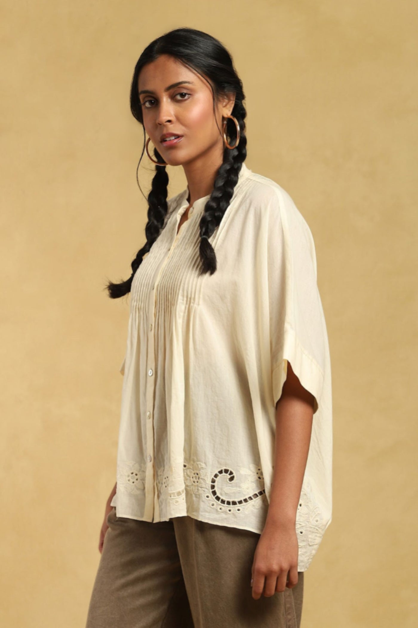 Ritu Kumar Off White Button-Down Pleated Cotton Kurti Indian designer wear online shopping melange singapore