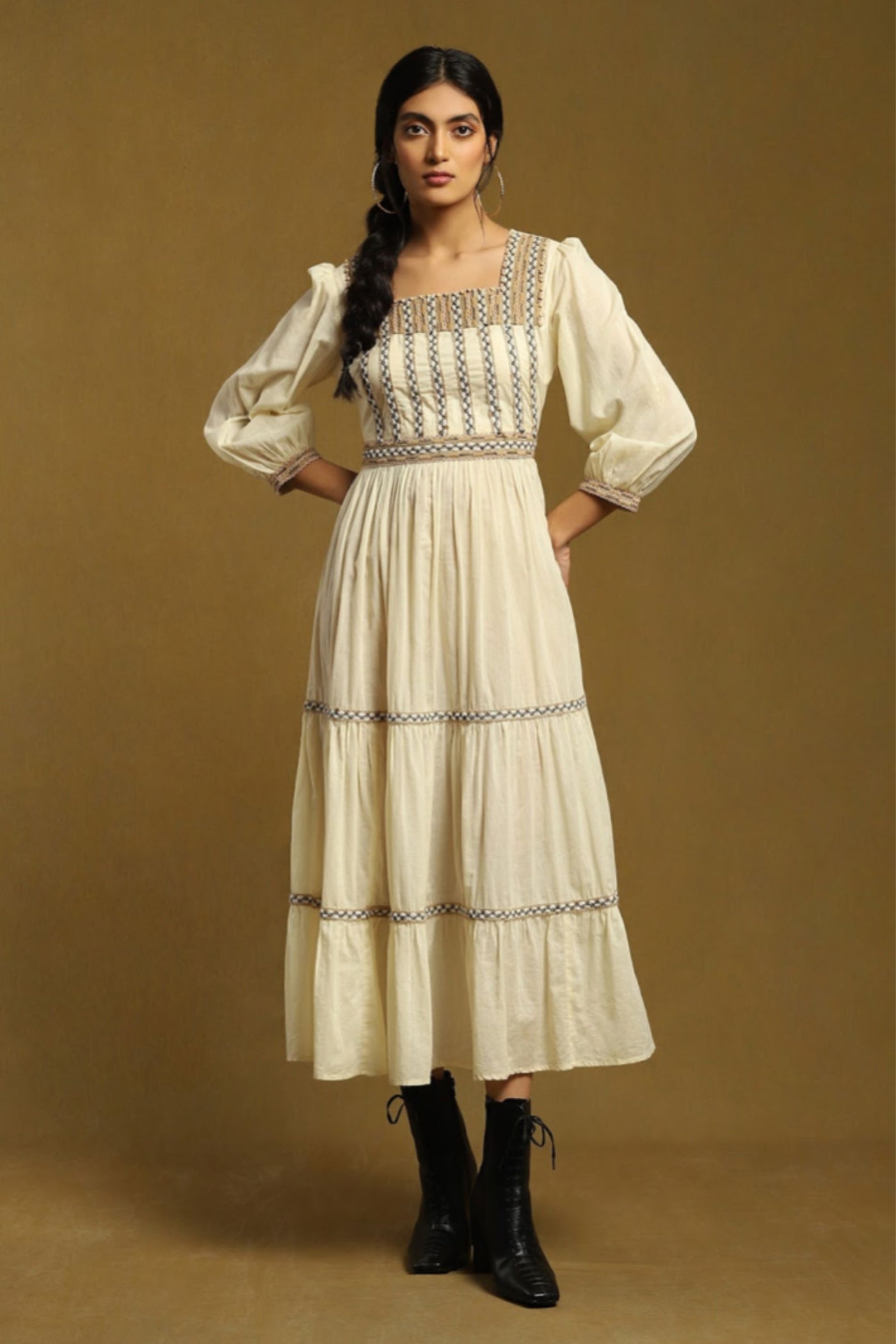 Ritu Kumar Off white embroidered tiered long dress Indian designer wear online shopping melange singapore