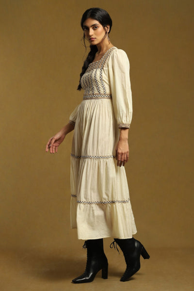 Ritu Kumar Off white embroidered tiered long dress Indian designer wear online shopping melange singapore