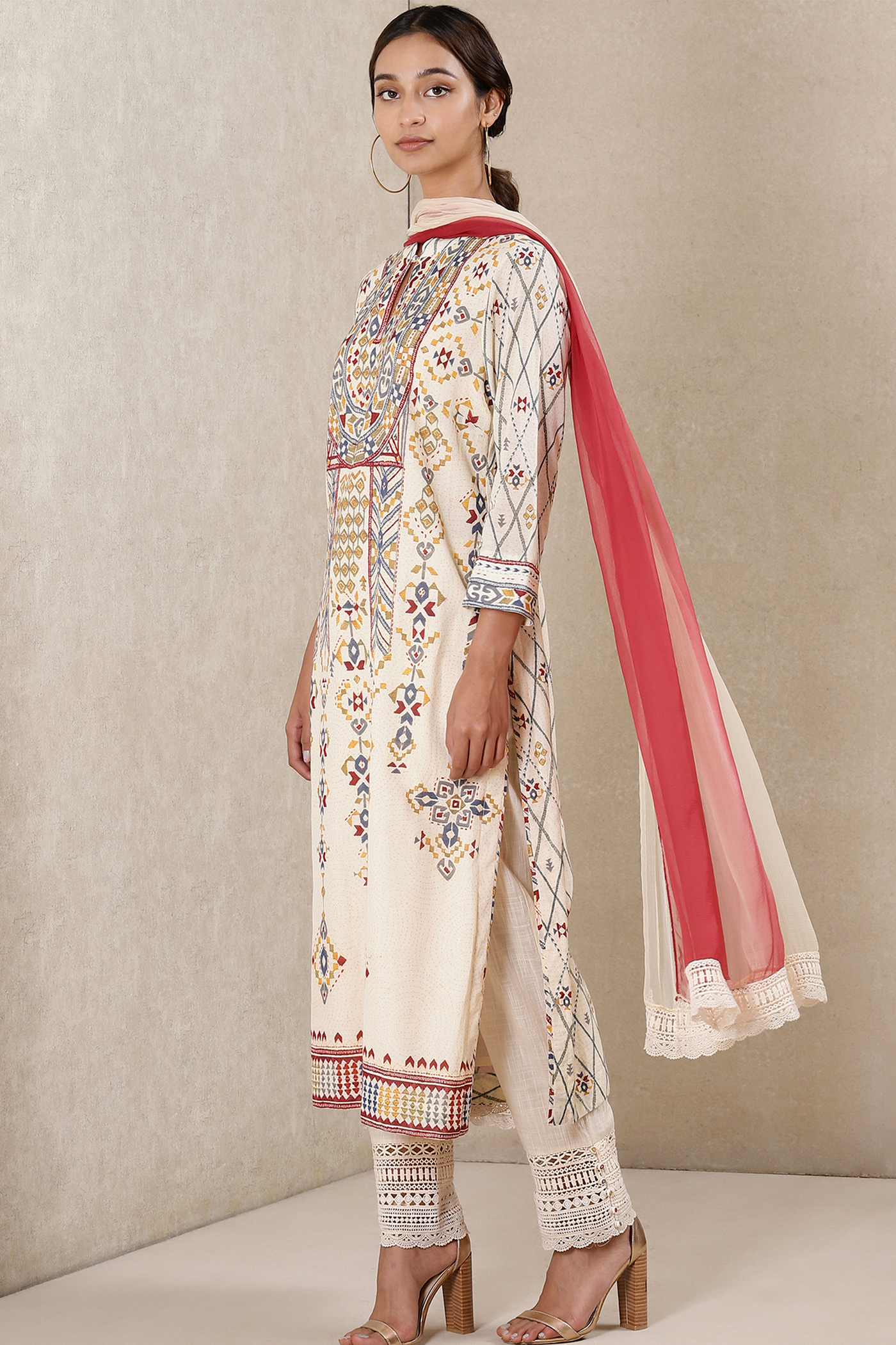 Ritu Kumar Off White Printed Kurta With Pant And Dupatta festive indian designer wear online shopping melange singapore