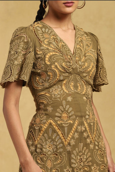 Ritu Kumar Olive Embroidered A-Line Midi Dress Indian designer wear online shopping melange singapore