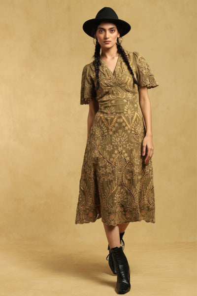 Ritu Kumar Olive Embroidered A-Line Midi Dress Indian designer wear online shopping melange singapore