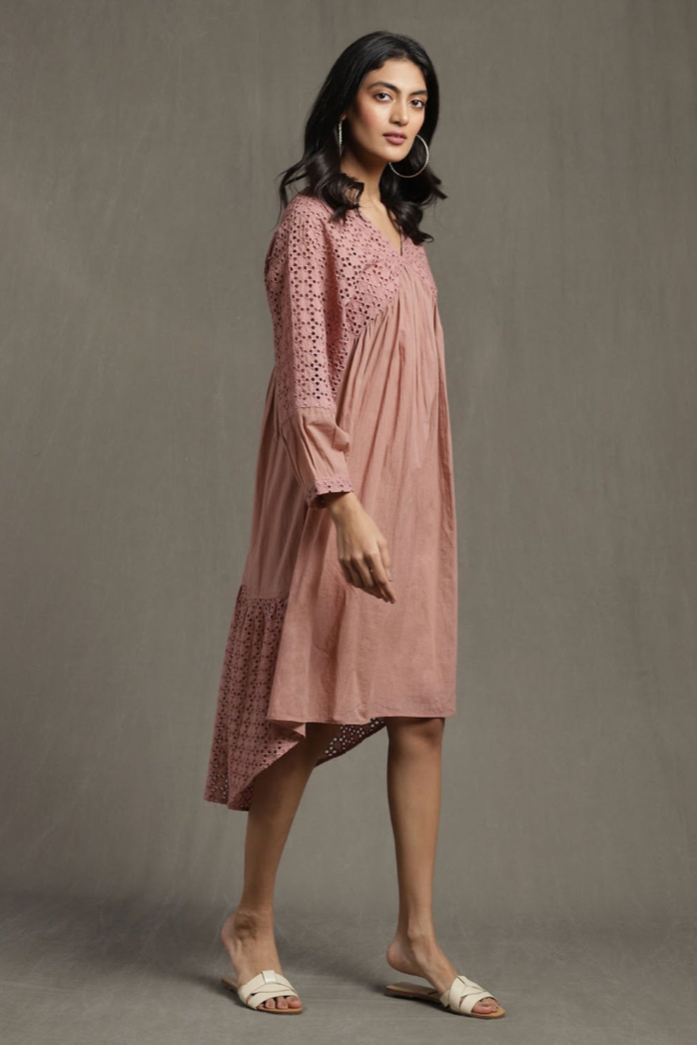 Ritu Kumar Pink gathered schiffli short dress Indian designer wear online shopping melange singapore