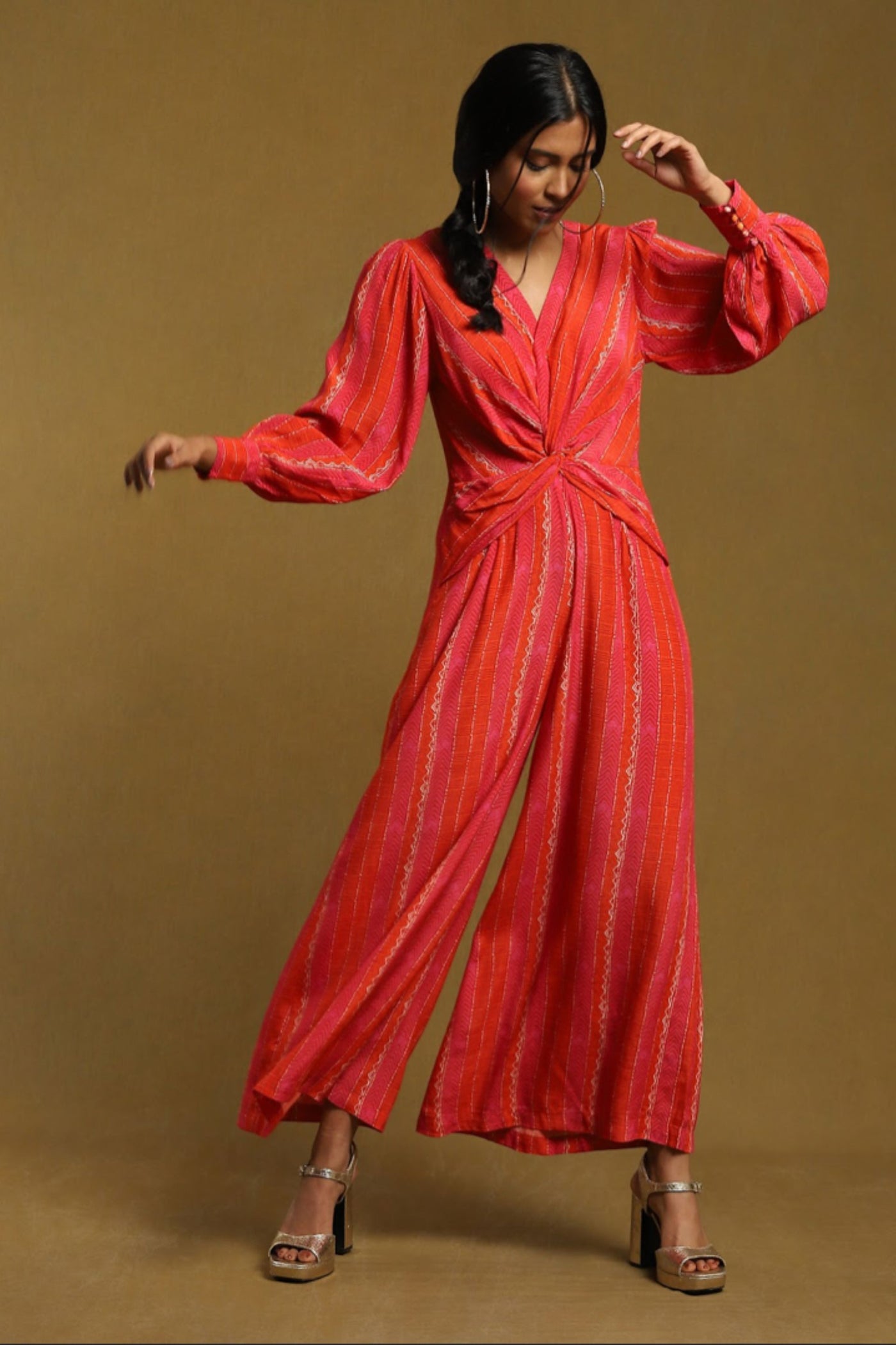  Ritu Kumar Pink Printed Knotted Jumpsuit Indian designer wear online shopping melange singapore