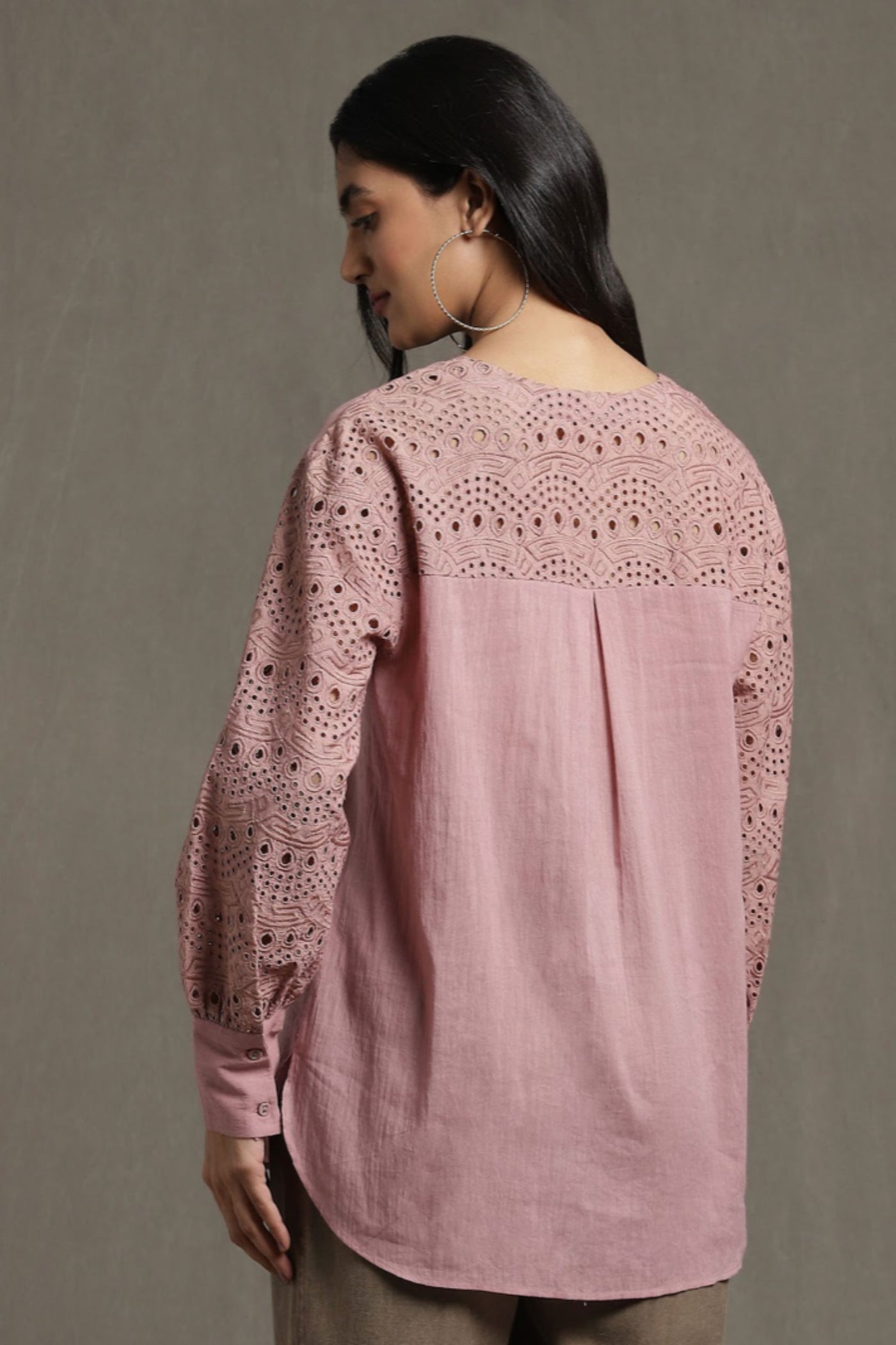 Ritu Kumar Pink Schiffli Kurti With Pintuck Detail Indian designer wear online shopping melange singapore