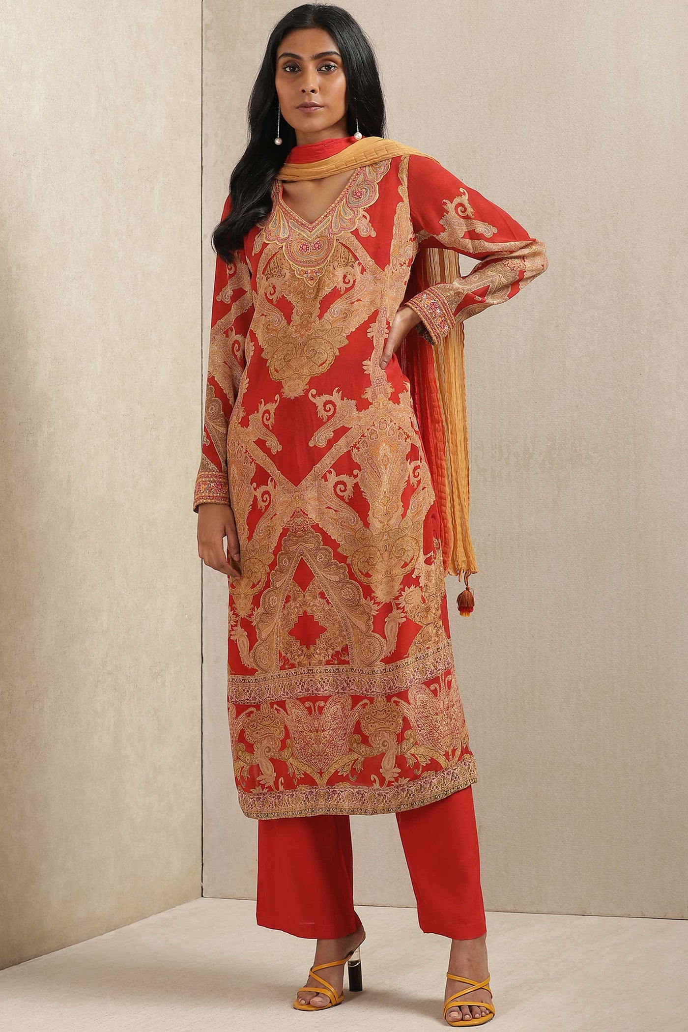 ritu kumar Kurta With Pant And Dupatta red festive indian designer wear online shopping melange singapore