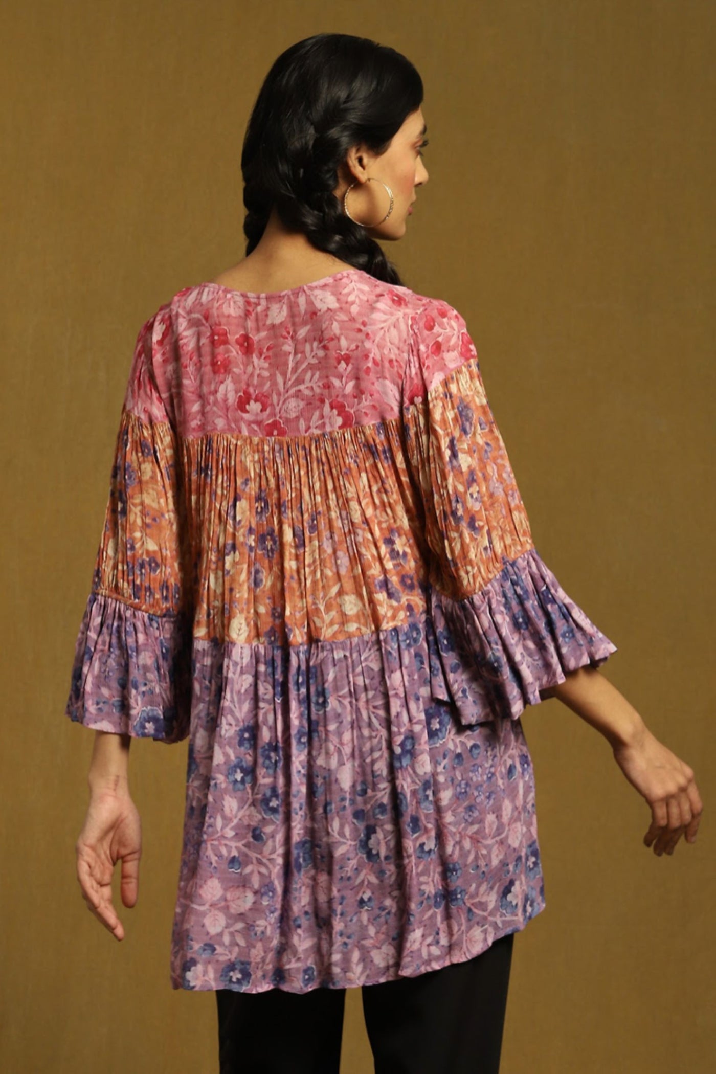 Ritu Kumar Purple Floral Print Tiered Kurti With Inner Indian designer wear online shopping melange singapore