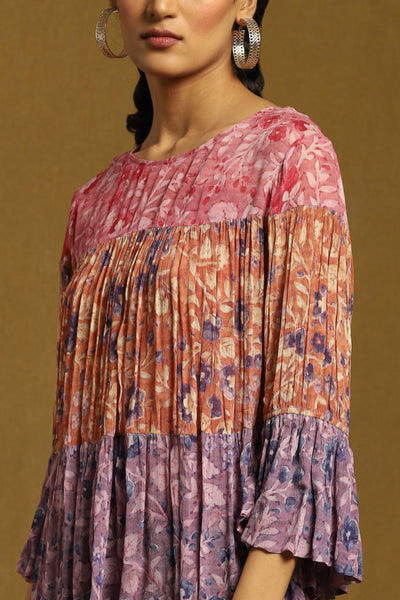 Ritu Kumar Purple Floral Print Tiered Kurti With Inner Indian designer wear online shopping melange singapore