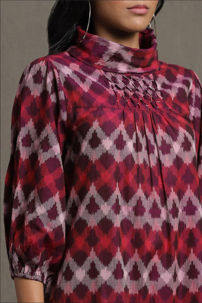 Ritu Kumar Purple Pleated High Neck Midi Dress With Ruffled Hem Indian designer wear online shopping melange singapore