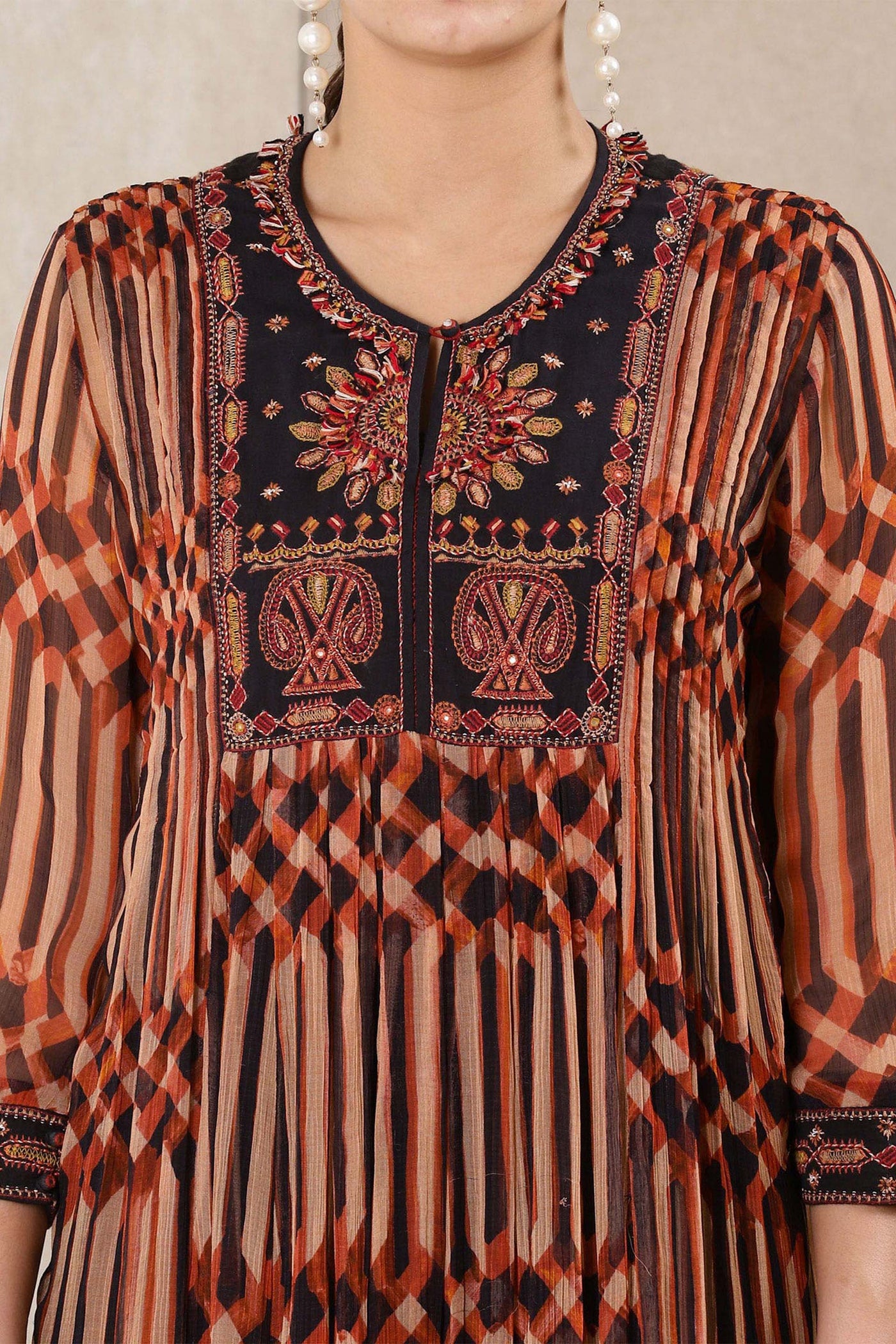 Ritu Kumar Round Neck 3/4 Sleeves Embroidered Kurta Set orange festive indian designer wear online shopping melange singapore
