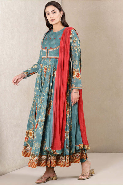 Ritu Kumar Round Neck 3/4 Sleeves Printed Kurta Set teal blue festive indian designer wear online shopping melange singapore