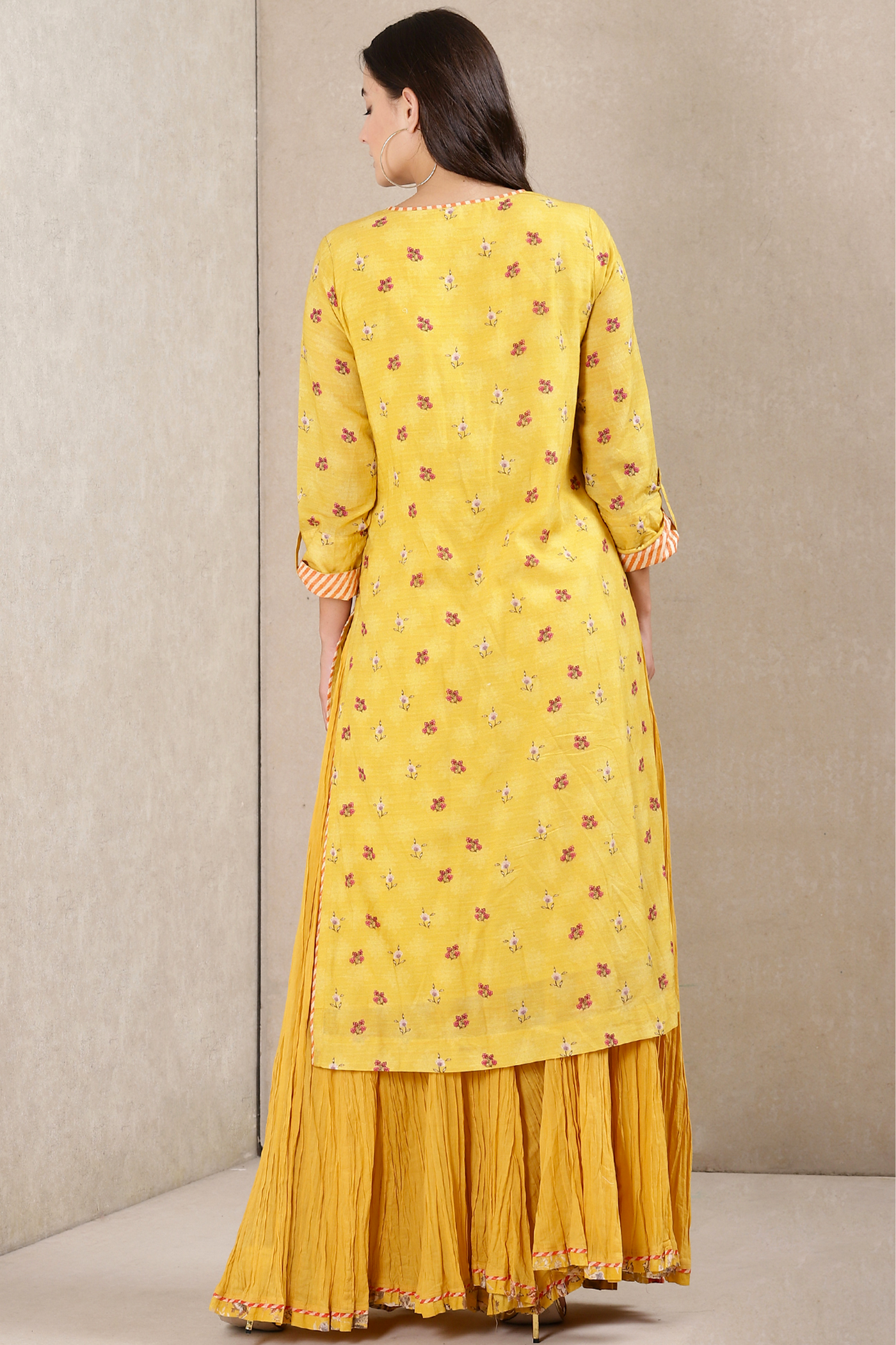 Ritu kumar Round Neck 3/4 Sleeves Printed Kurta With Sharara And Dupatta yellow festive indian designer wear online shopping melange singapore