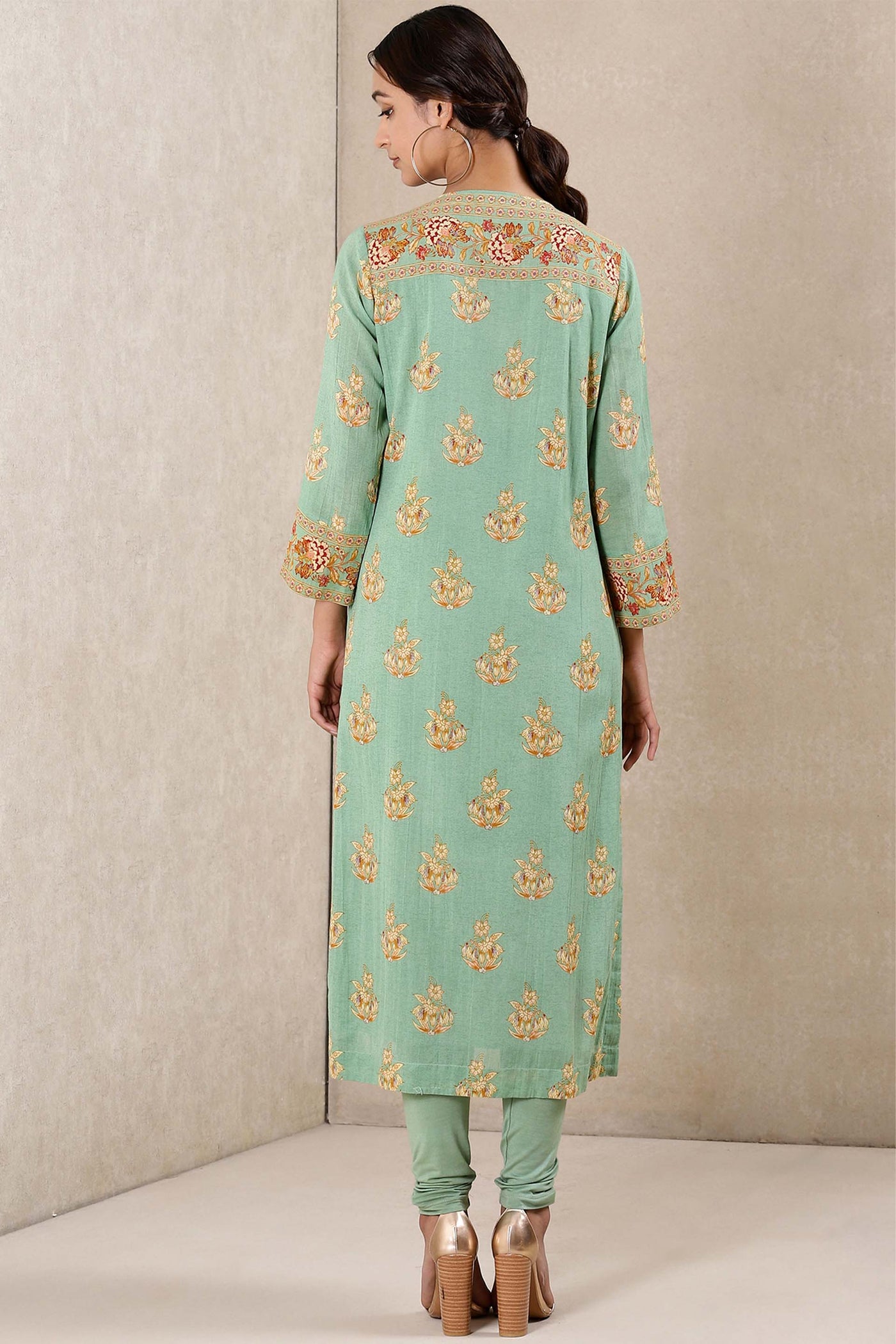 Ritu Kumar Round Neck 3/4Th Sleeve Printed Kurta Set green festive indian designer wear online shopping melange singapore