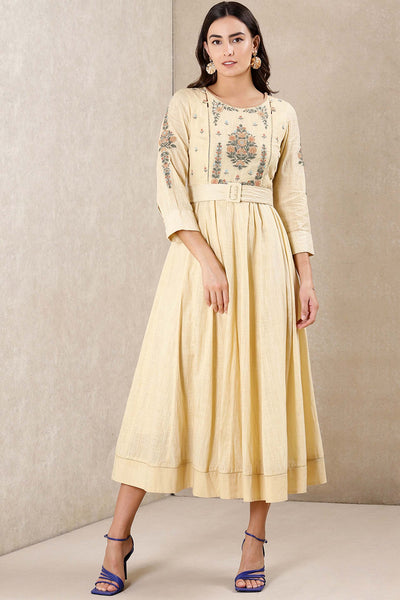 Ritu Kumar Round Neck Full Sleeves Embroidered Dress With Belt ecru off white western indian designer wear online shopping melange singapore
