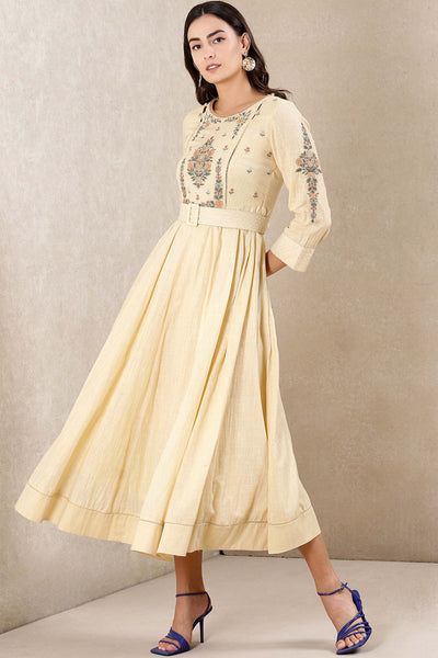 Ritu Kumar Round Neck Full Sleeves Embroidered Dress With Belt ecru off white western indian designer wear online shopping melange singapore