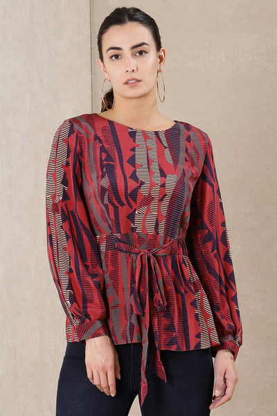 Ritu Kumar Round Neck Full Sleeves Printed Kurti plum western indian designer wear online shopping melange singapore