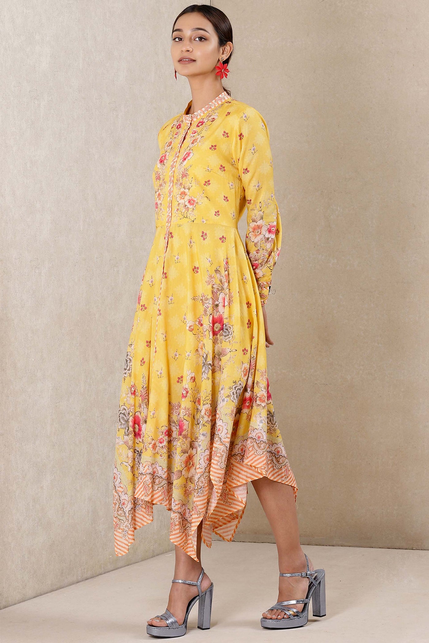 Ritu kumar Round neck full sleeves printed long dress yellow western indian designer wear online shopping melange singapore