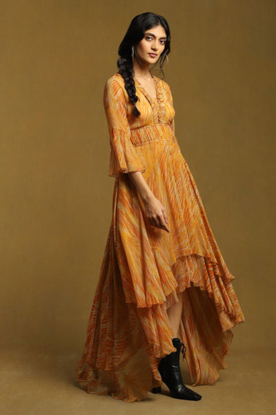 Ritu Kumar Rust Botanic Print Asymmetric Long Dress Indian designer wear online shopping melange singapore