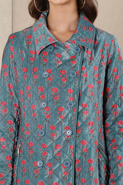 Ritu Kumar Teal Printed Velvet Jacket western indian designer wear online shopping melange singapore