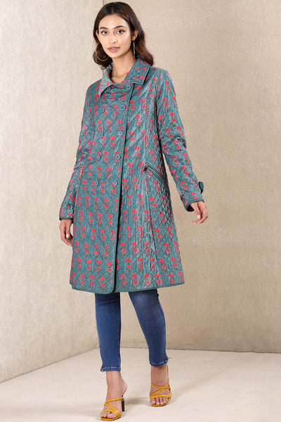 Ritu Kumar Teal Printed Velvet Jacket western indian designer wear online shopping melange singapore
