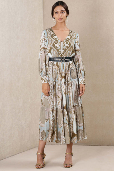 Ritu kumar V Neck 3/4 Sleeves Printed Dress western indian designer wear online shopping melange singapore