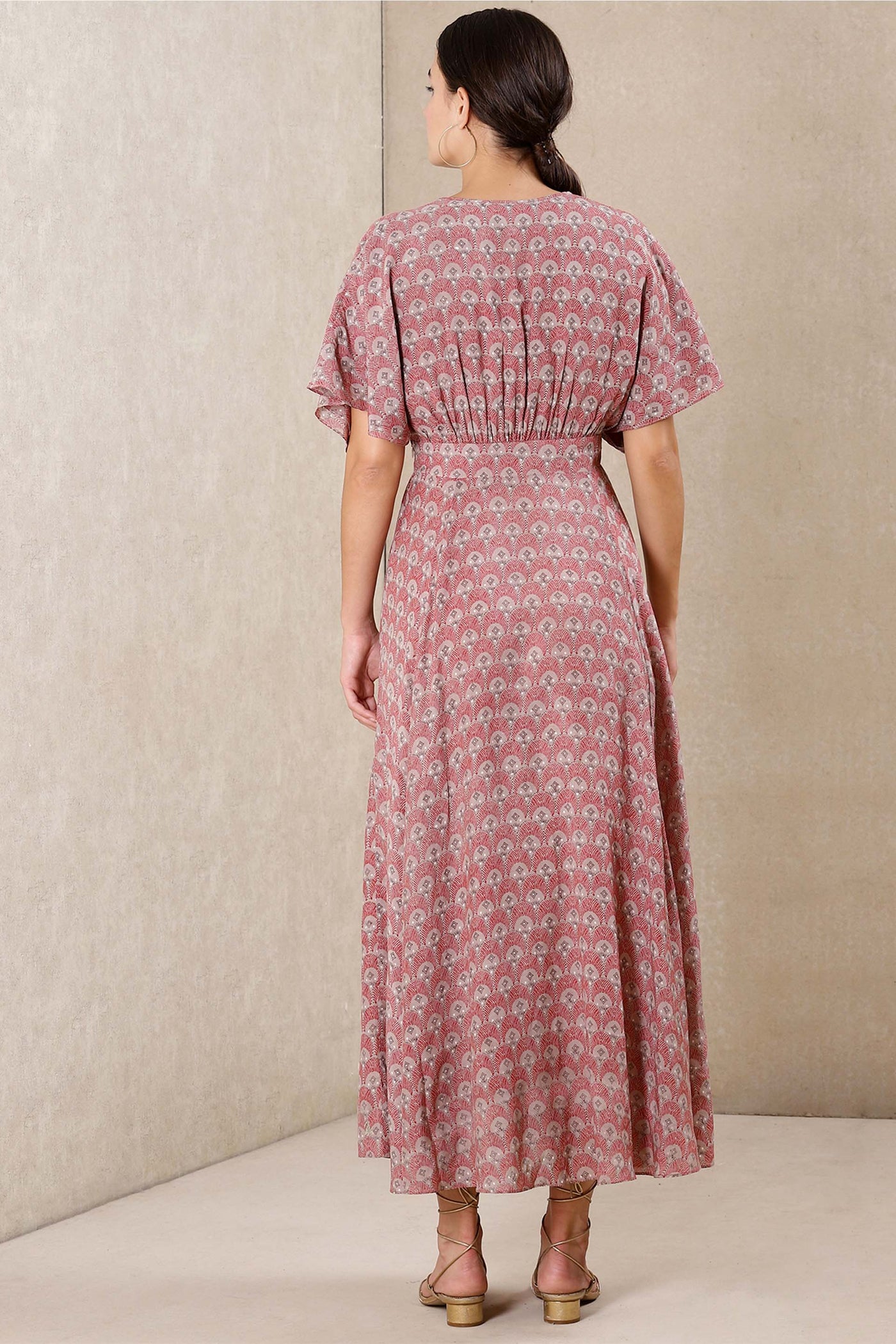Ritu Kumar V Neck Half Sleeves Long Printed Dress With Bustier pink western indian designer wear online shopping melange singapore