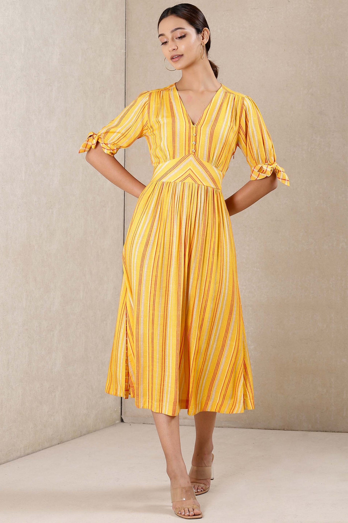 Ritu Kumar V Neck Half Sleeves Printed Dress yellow western indian designer wear online shopping melange singapore