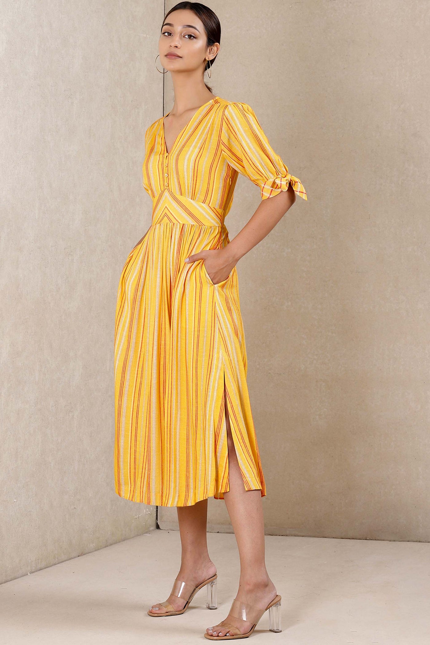 Ritu Kumar V Neck Half Sleeves Printed Dress yellow western indian designer wear online shopping melange singapore