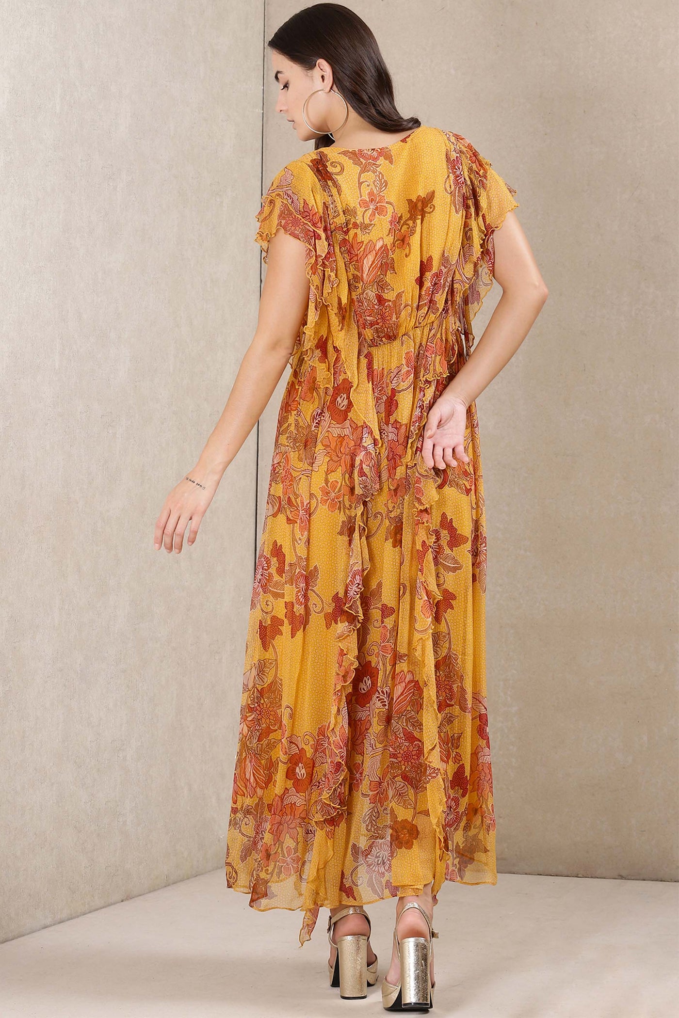 Ritu Kumar Yellow Floral Print Dress With Camisole western indian designer wear online shopping melange singapore