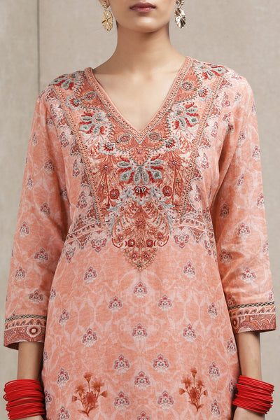 Ritu Kumar - Peach Printed Kurta and Sharara set - Melange Singapore - Indian Designer Wear