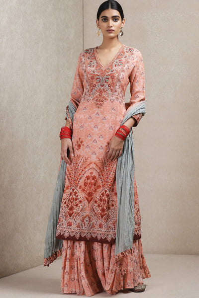 Ritu Kumar - Peach Printed Kurta and Sharara set - Melange Singapore - Indian Designer Wear